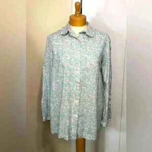 VTG Andra inc 1980s Women Pastel Green Floral Button Down Blouse Ruffles size 10